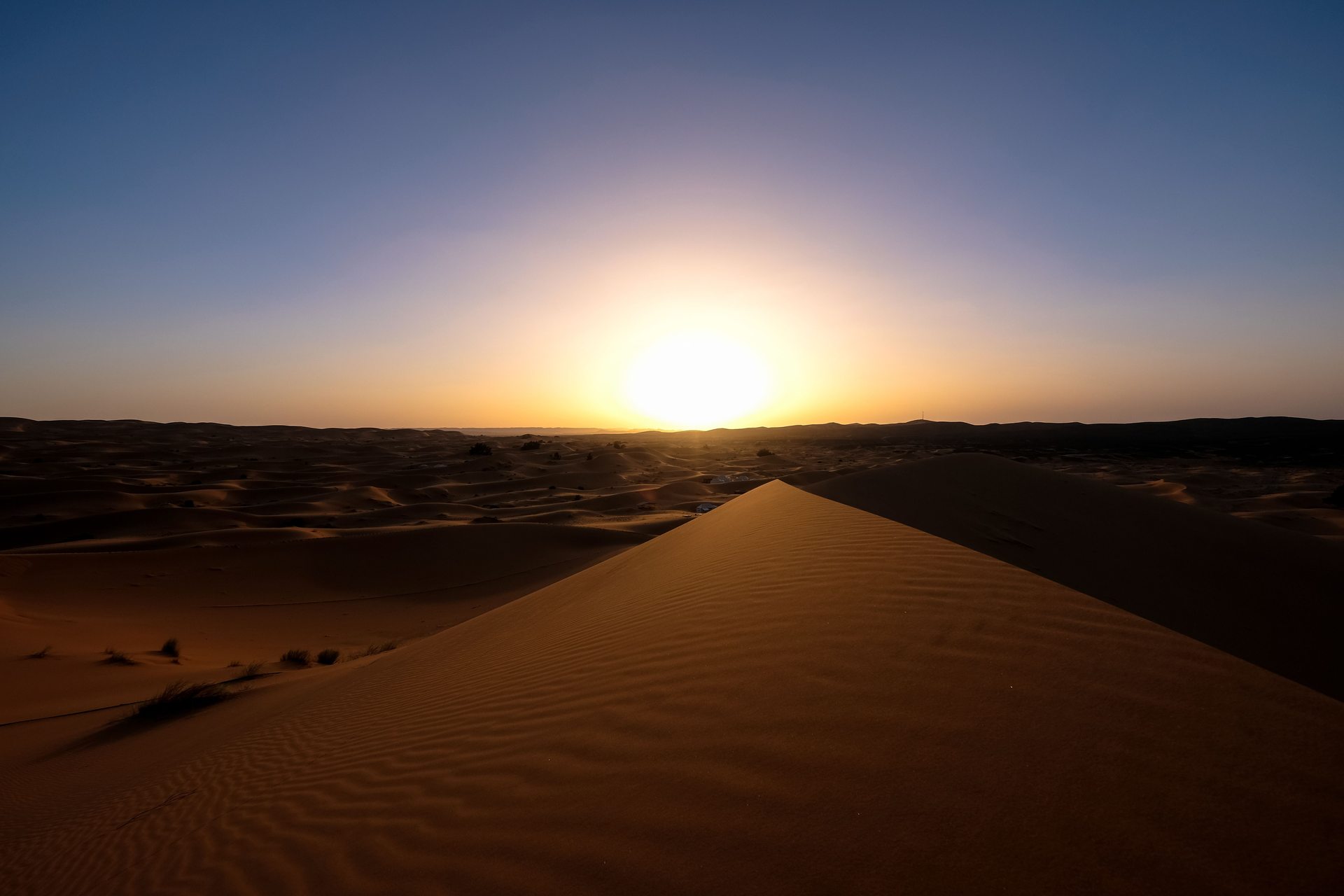 Golden sand dunes at sunset in the Moroccan desert